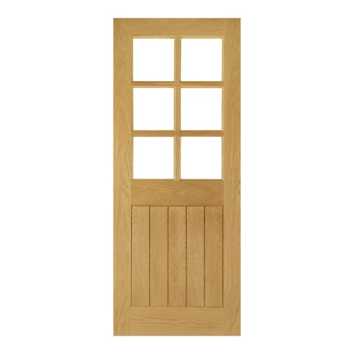 Deanta Brown Oak Veneer Ely Unfinished Bevelled Glaze 6L Door, Size: 1981x838x35mm