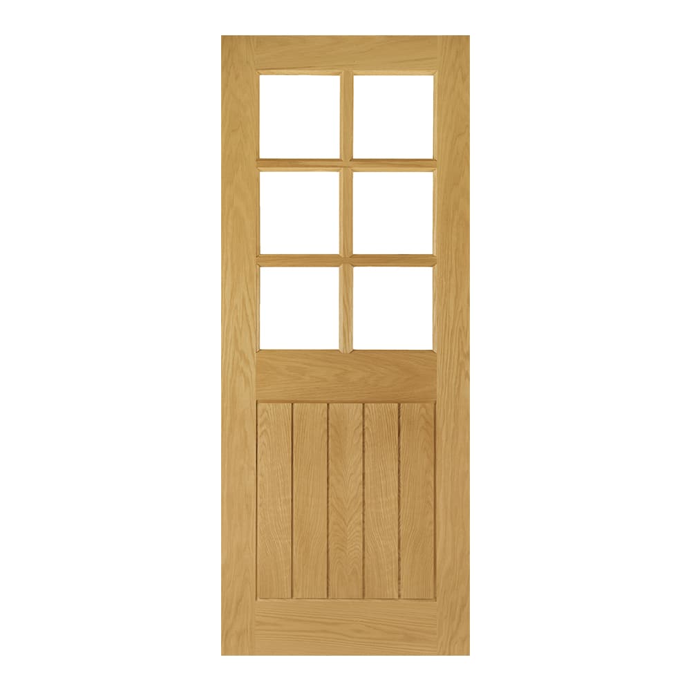 Deanta Brown Oak Veneer Ely Unfinished Bevelled Glaze 6L Door, Size: 1981x838x35mm