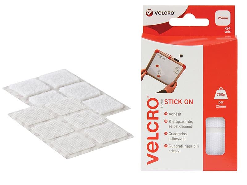 Velcro® Brand 60235 Stick On Squares 25Mm White (Pack 24)
