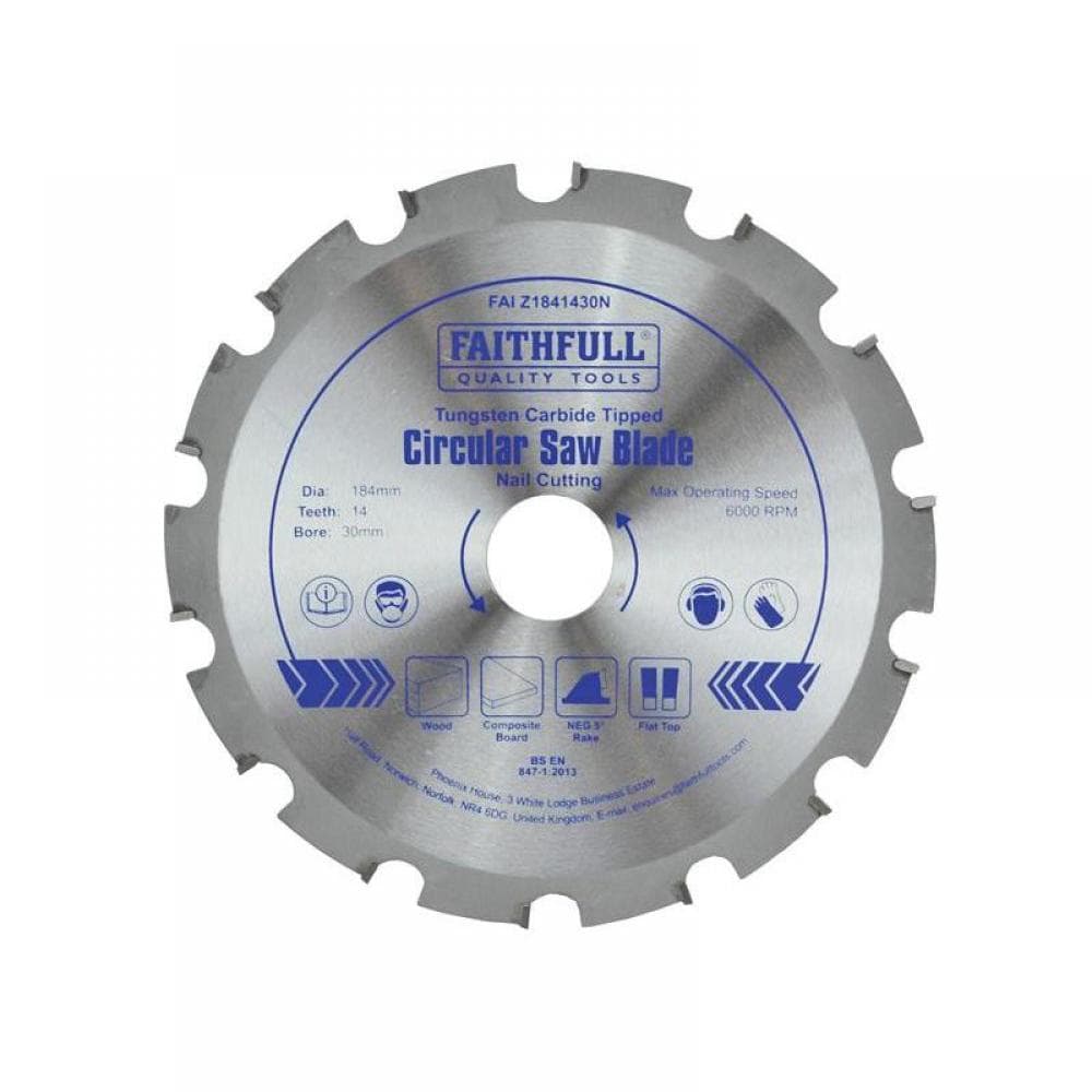 Faithfull FAIZ1841430N Tct Circular Saw Blade Nail Cutting 184 X 30Mm X 14T Neg