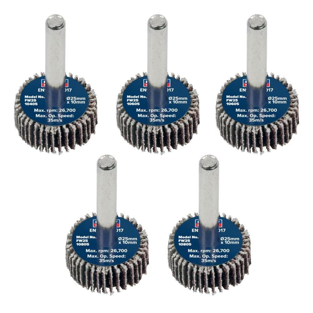 Sealey FW2510ASS Abrasive Flap Wheel Ø25 X 10Mm Ø6Mm Shaft Assorted Grit - Pack Of 5