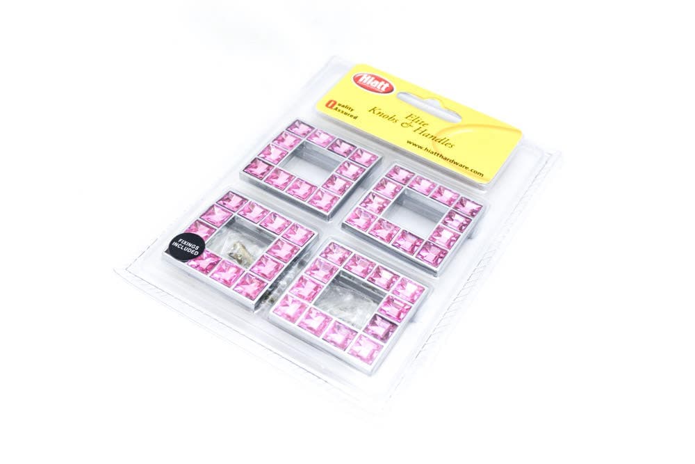 Pink Acrylic Square Cabinet Knob 48mm Polished Chrome - Pack of 4