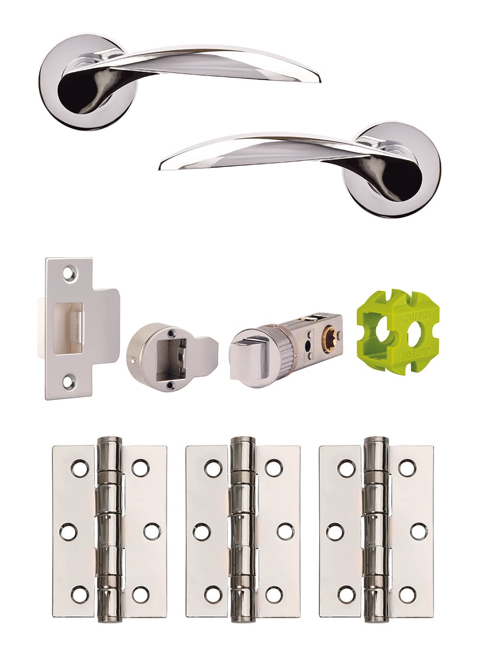 Jigtech JTB72000 Cresta Round Rose Lever Handle Door Pack Polished Chrome (Includes 57mm Latch & 3xHinges)