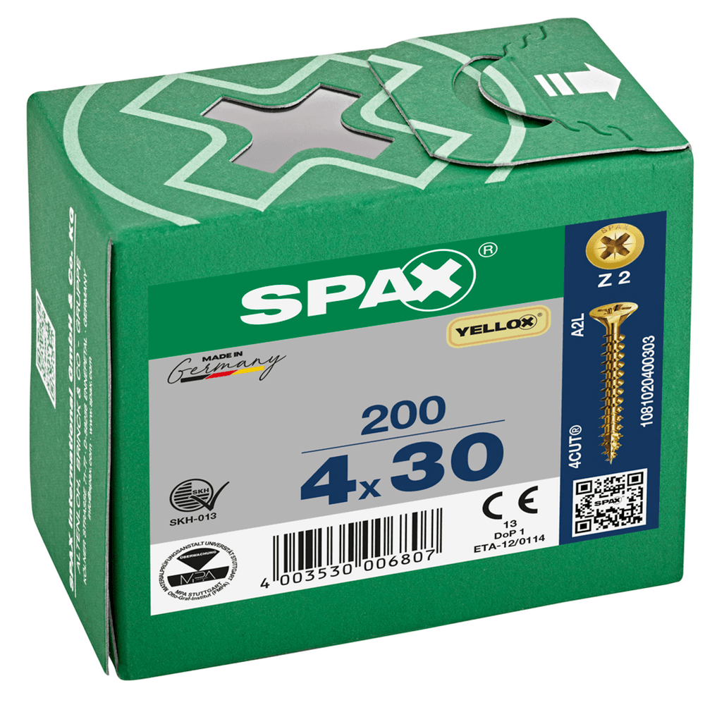SPAX PZ Flat Countersunk Screw Yellox Coated 4 x 30mm Qty 200
