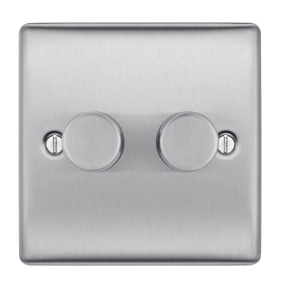 Double Dimmer Switch - 2 Gang/2 Way - 200W - Push On/Off - LED/CFL - Brushed Steel