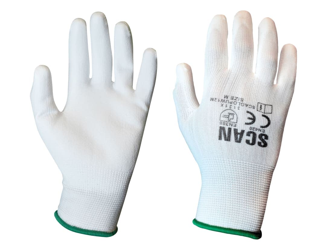 Scan White PU Coated Gloves - M (Size 8) (Pack 12) 5004W