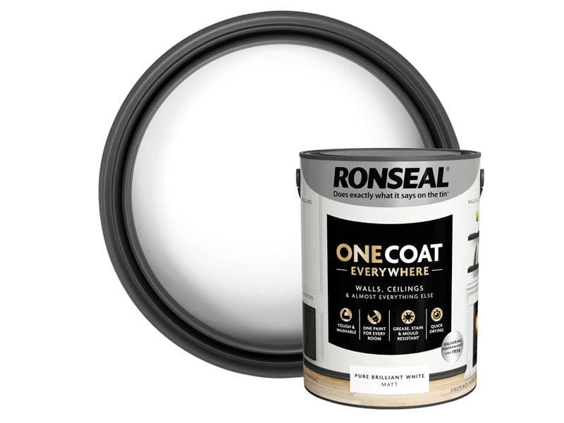 Ronseal One Coat Everywhere Interior Paint Pure Brilliant White Matt 5 Litre KCB.7015103.20104.81
