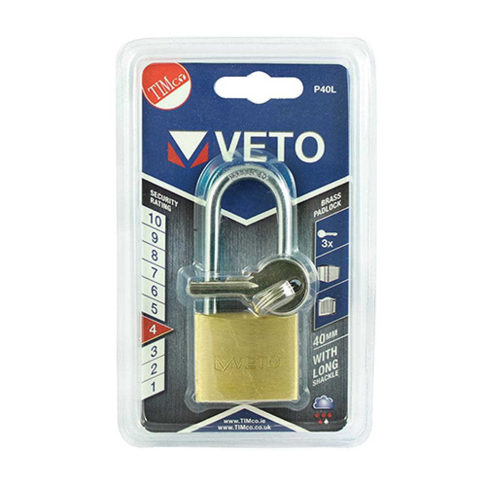 Timco P40L Brass Padlock Long Shackle 40Mm Blister Pack 1