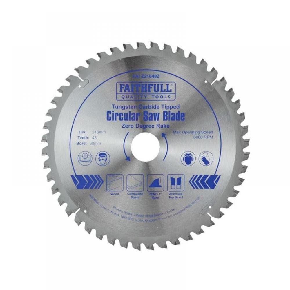 Faithfull FAIZ21648Z Tct Circular Saw Blade Zero Degree 216 X 30Mm X 48T