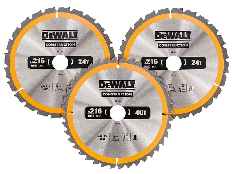 Dewalt DT1962-QZ Dt1962 Construction Circular Saw Blade 3 Pack 216 X 30Mm 2 X 24T 1 X 40T