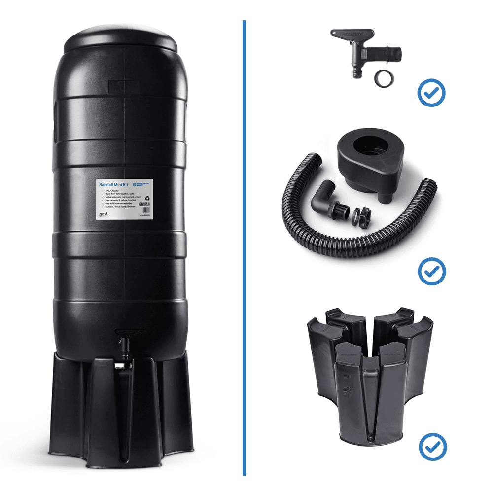 100L Slimline Black Rainfall Mini Water Butt Kit – Space Saving Rainwater Water Butt Complete Kit Recycled Plastic Water Butts Direct