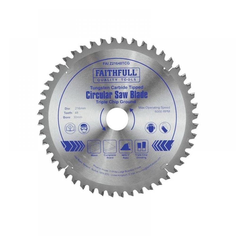 Faithfull Tct Circular Saw Blade Triple Chip Ground 216 X 30Mm X 48T Neg