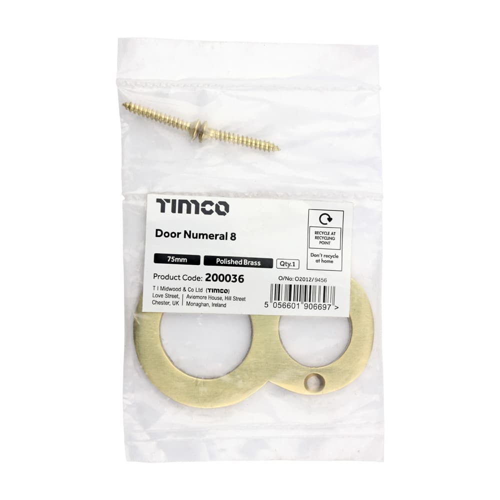Timco Door Numeral 8 - Polished Brass Bag 1 200036
