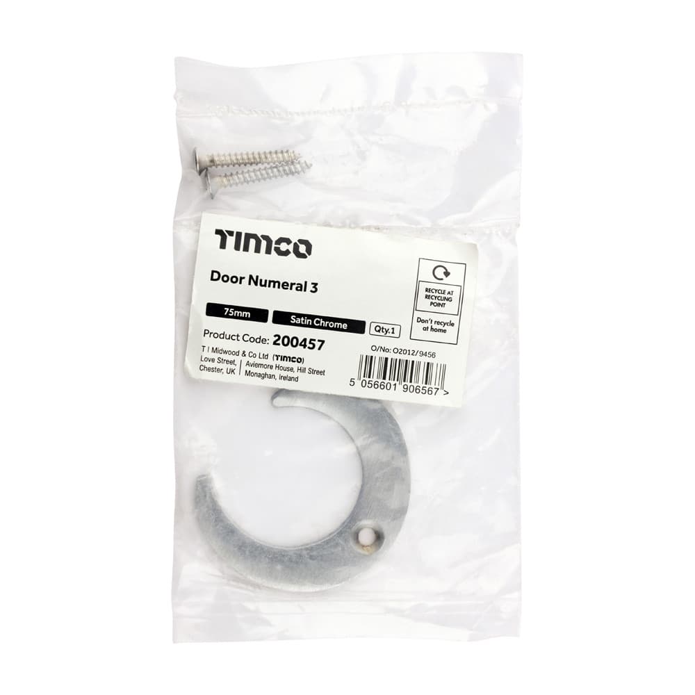 Timco Door Numeral 3 - Satin Chrome Bag 1 200457