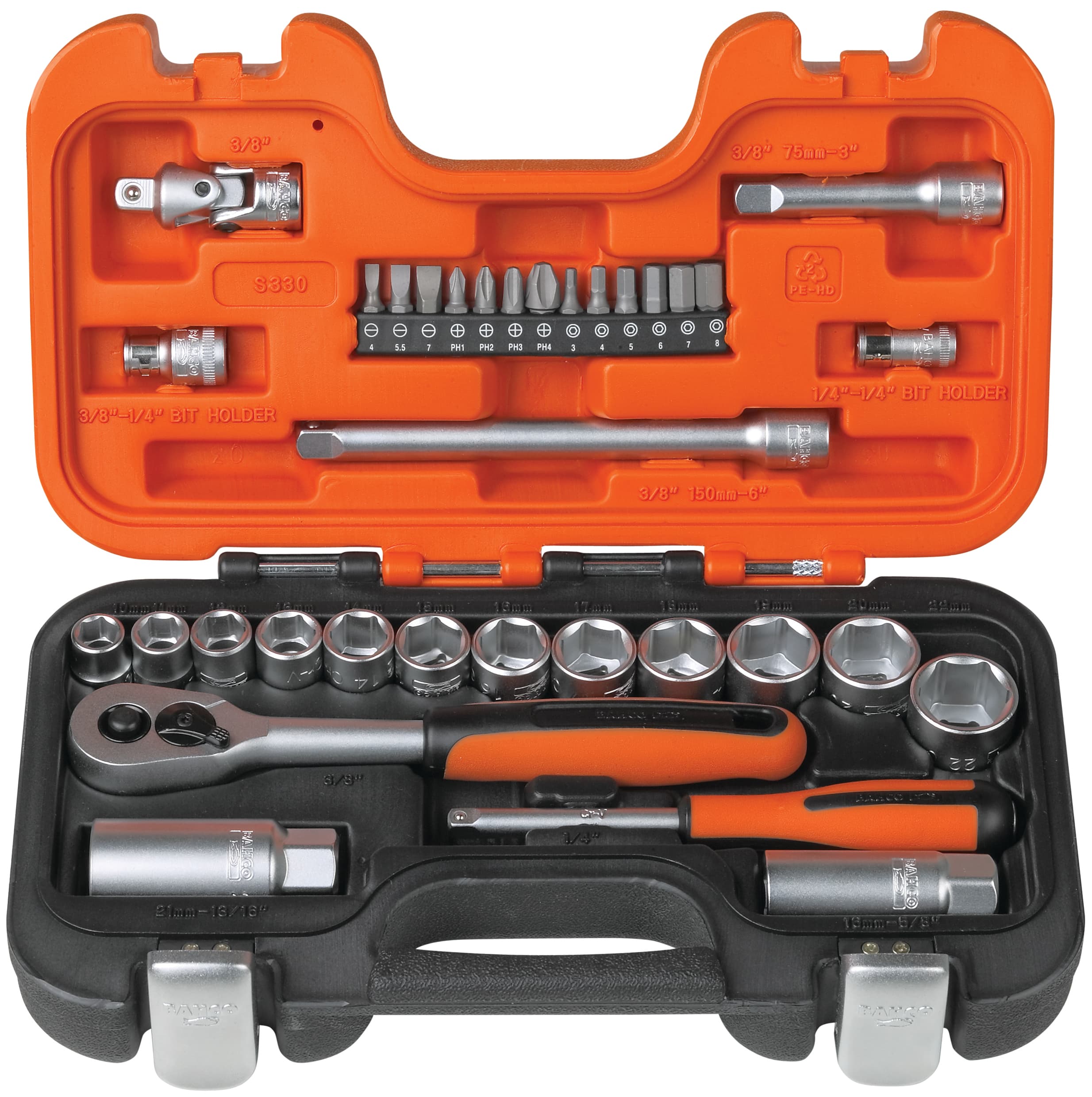 Bahco 1/4 + 3/8 Square Drive Socket Set 33 Piece BAHS330