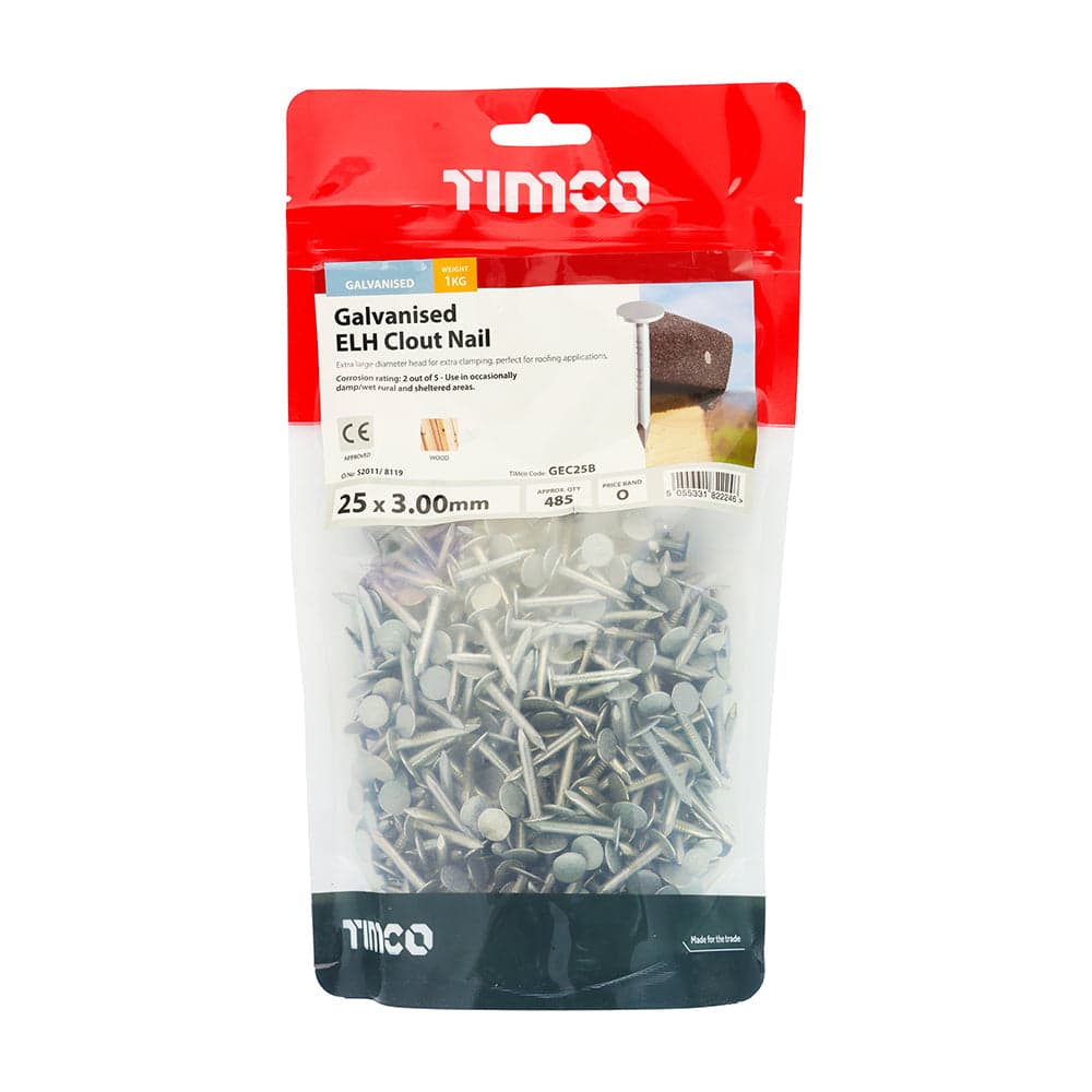 Extra Large Head Clout Nails – Galvanised – 1kg Bags