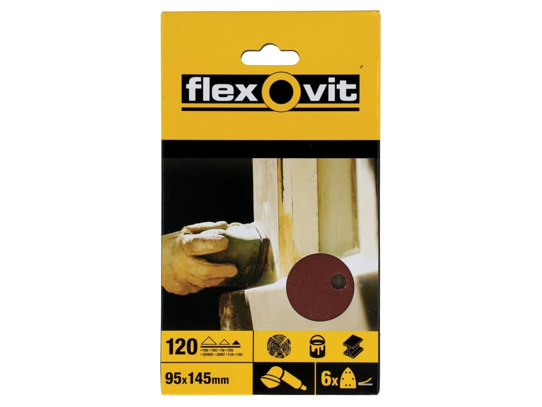 Flexovit Detail Hook & Loop Sanding Sheets 95x145mm Fine 120G (Pack 6) 63642526409