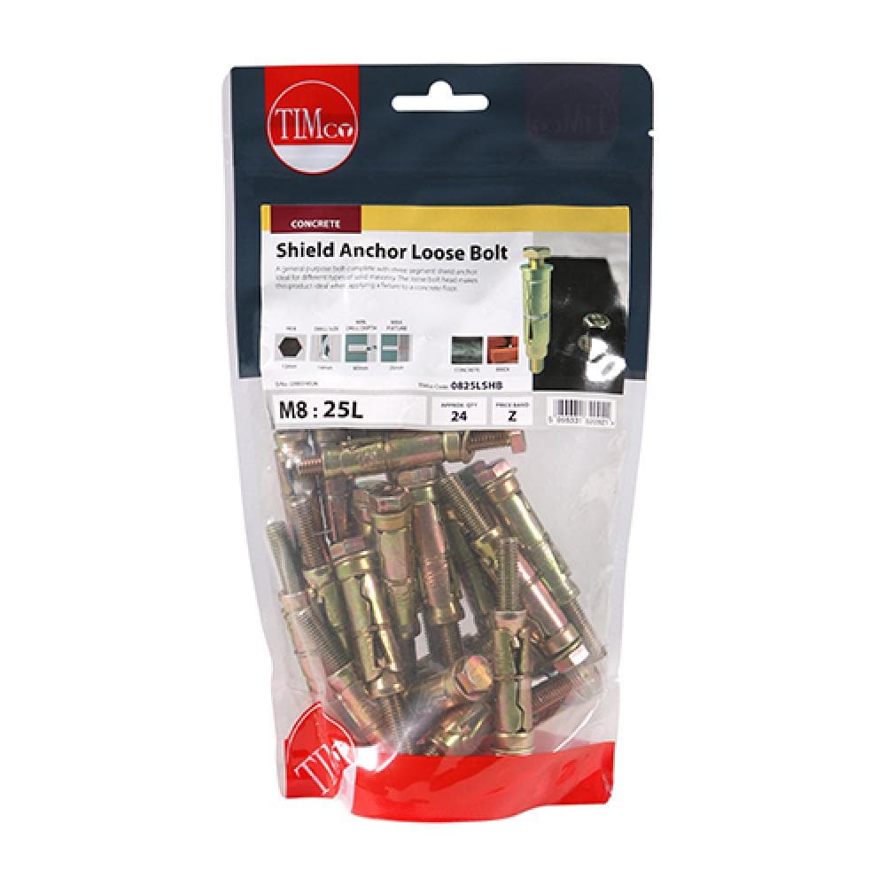 Timco 0825LSHB Shield Anchor Loose Bolts - Yellow M8:25L (M8 X 75) TIMbag 24