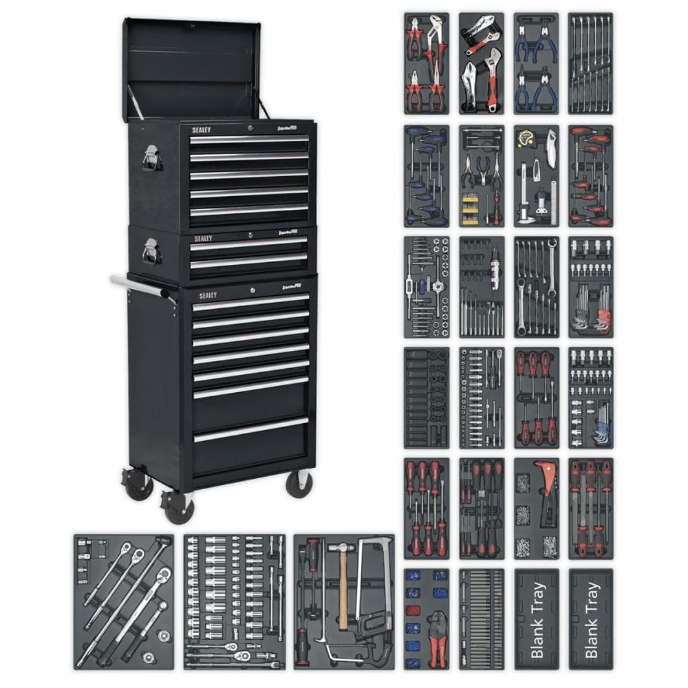Sealey SPTCOMBO2 Tool Chest Combination 14 Drawer With Ball-Bearing Slides - Black & 1179Pc Tool Kit