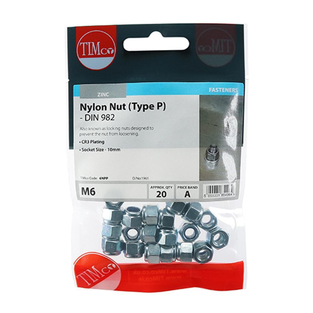 Timco 6NPP Nylon Nuts - Type P - Zinc M6 TIMpac 20