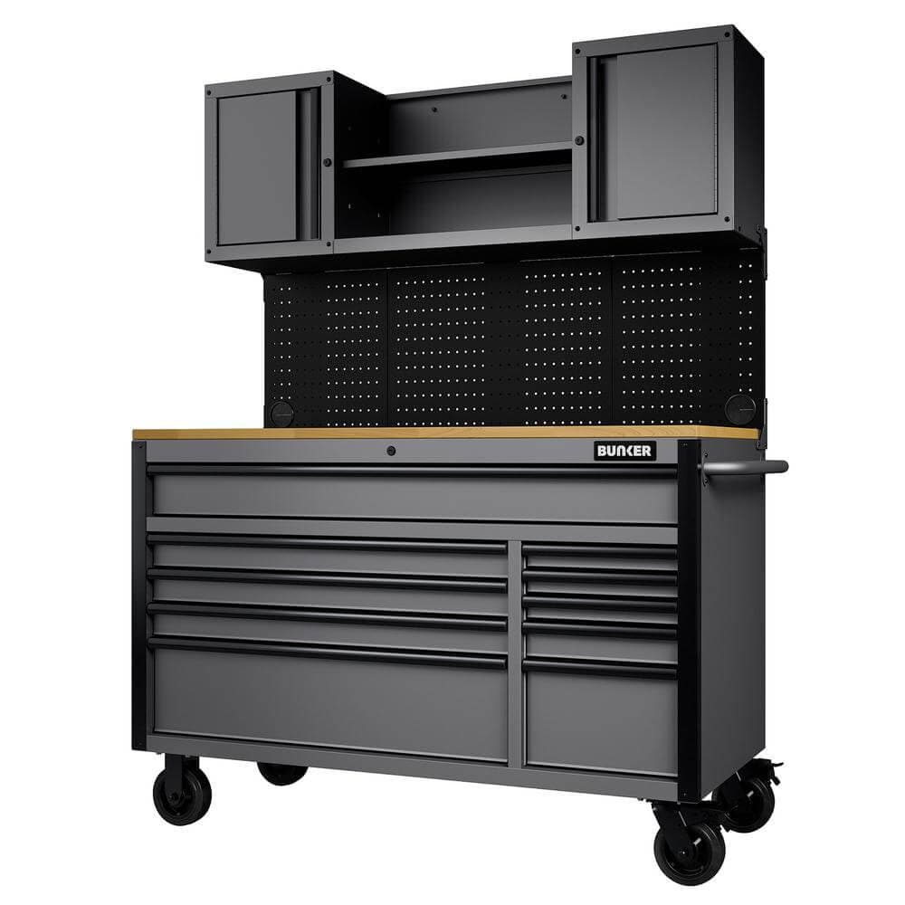 Bunker ® 10 Drawer Roller Workstation With Workbench 56in Light Grey Pk 1 31761