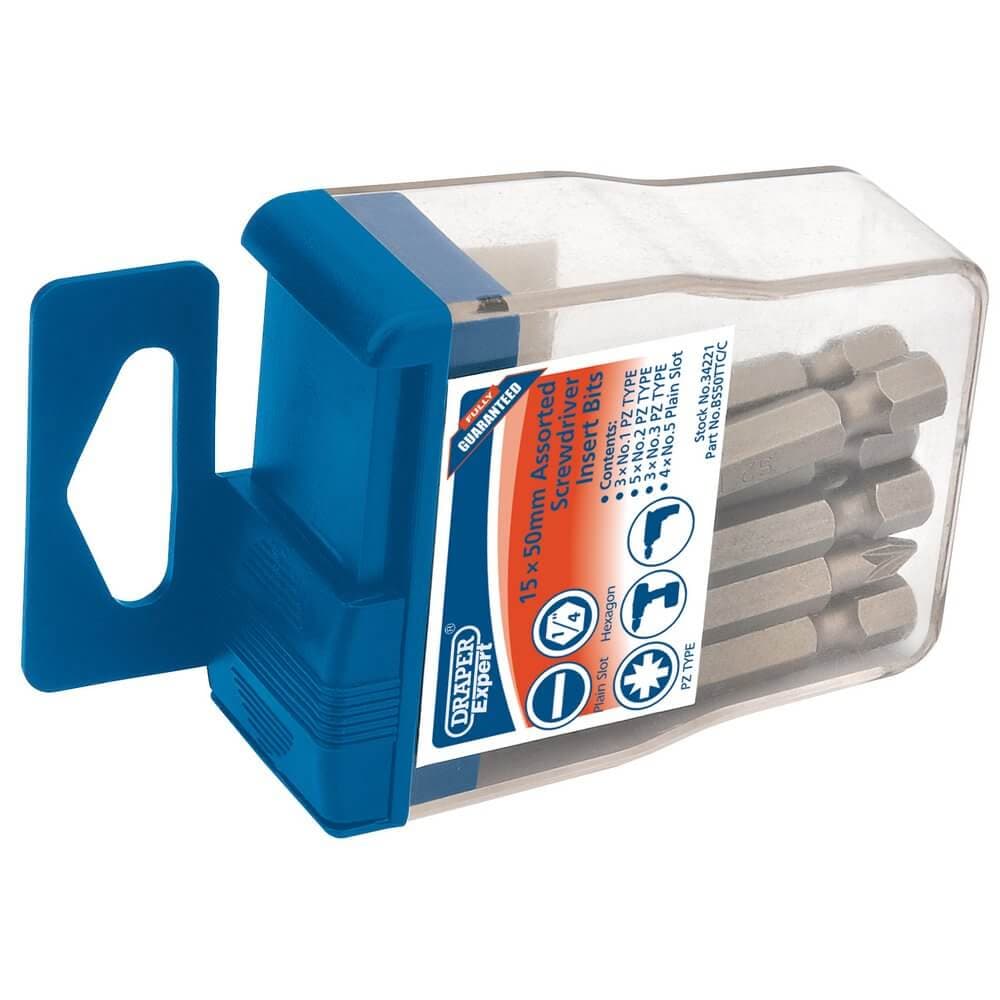 Draper Expert 34221 Assorted Insert Bits In Plastic Storage Case 1/4in Hex (15 Piece) per case