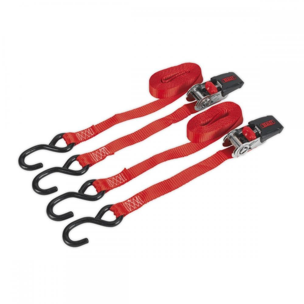 Sealey TD284SD Ratchet Straps 25Mm X 4M Polyester Webbing With S-Hooks 800Kg Breaking Strength - Pair