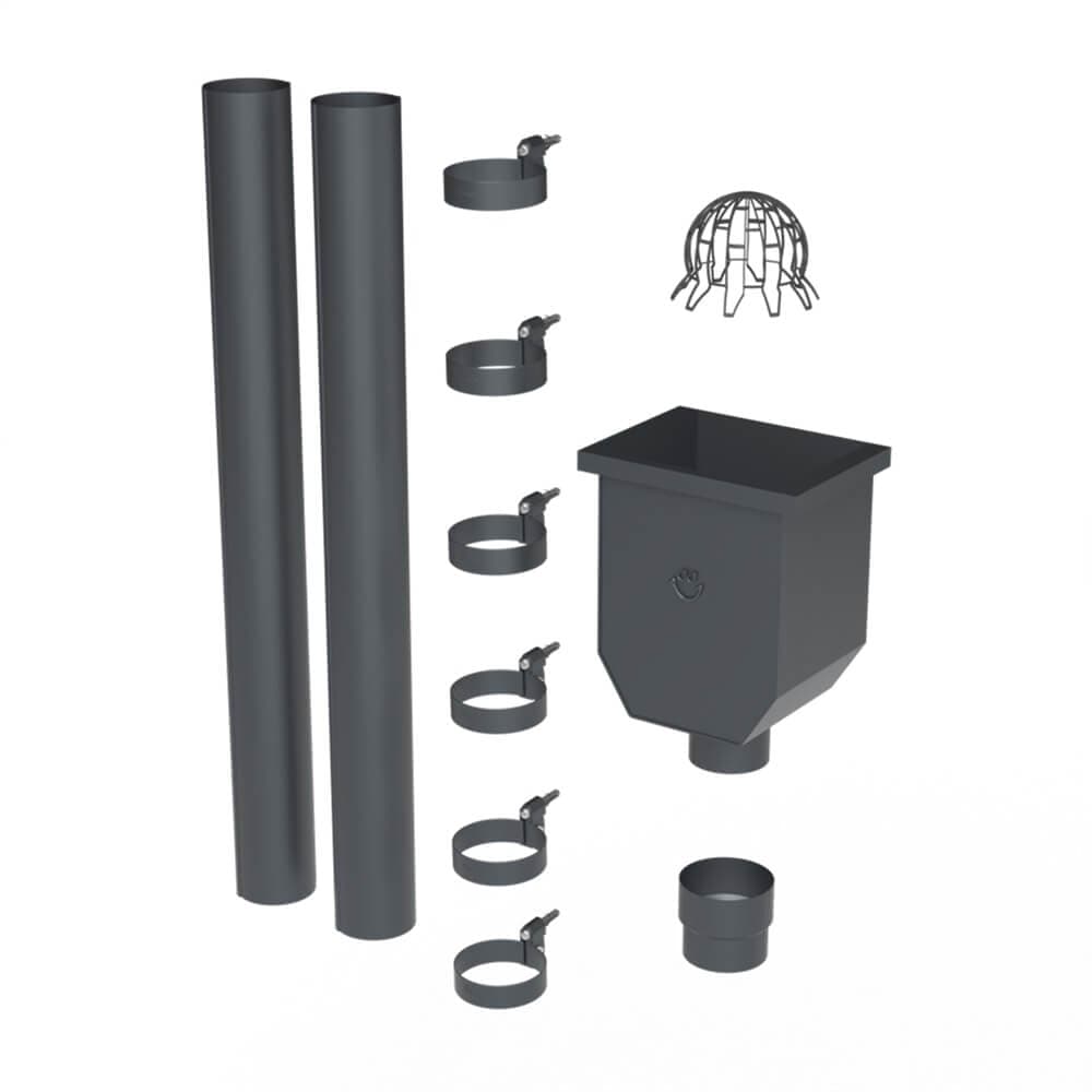 Galeco Steel Round Hopper & Downpipe Kit Graphite Grey - 87mm Diameter