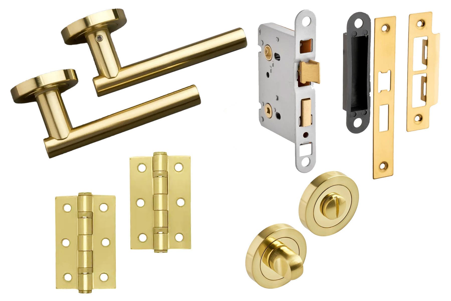 T-Bar Lever On Rose Bathroom Door Pack - Brushed Brass - Handle/Hinges/Sashlock/Thumbturn set - Designer Levers