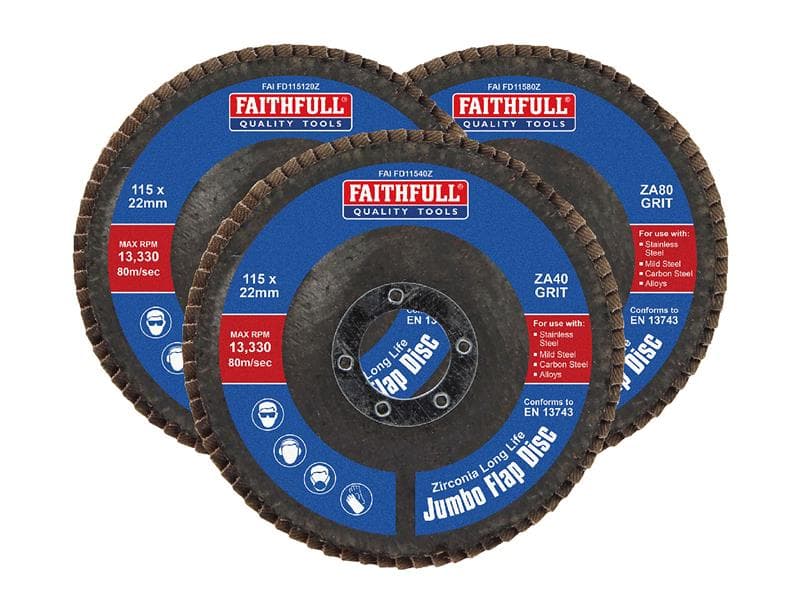 Faithfull Zirconia Abrasive Jumbo Flap Disc 115 X 22Mm Mixed Grit (3 Pack)
