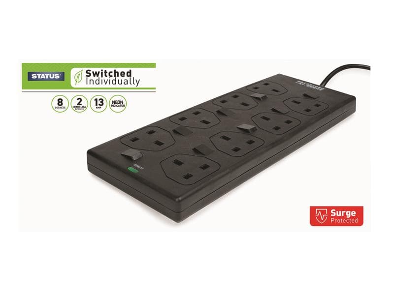Status® S8WBSPINDSSX4 Individually Switched Extension Lead 240V 8-Gang 13A Black 2M