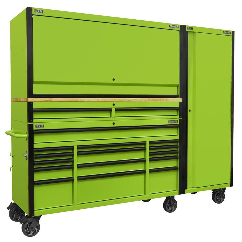 Sealey AP6115BECOMBO2 15 Drawer 1549Mm Mobile Trolley With Wooden Worktop Hutch 2 Drawer Riser & Side Locker