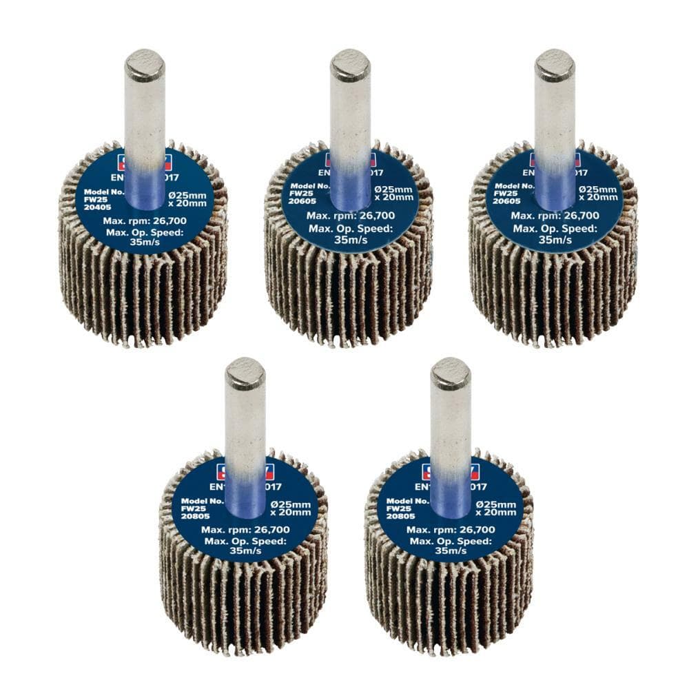 Sealey FW2520ASS Abrasive Flap Wheel Ø25 X 20Mm Ø6Mm Shaft Assorted Grit - Pack Of 5