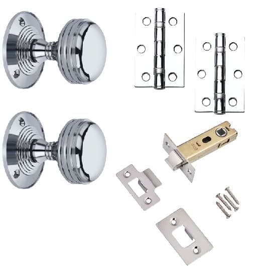 Ringed Mortice Door Knob Complete Pack - Latch/Hinges/Knob - Polished Chrome - 76mm - Designer Levers