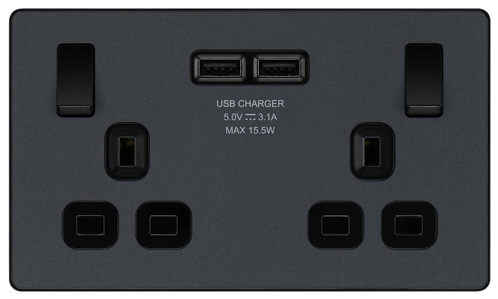 Double Switched Socket with 2 x USB A (3.1A) - 13A - Matt Grey