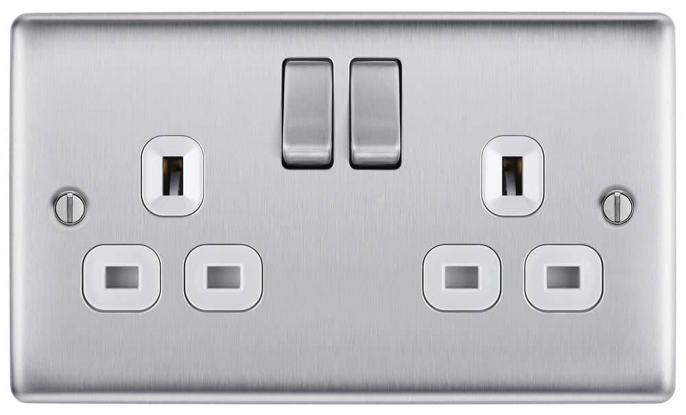 Switched Double Plug Socket - Brushed Steel