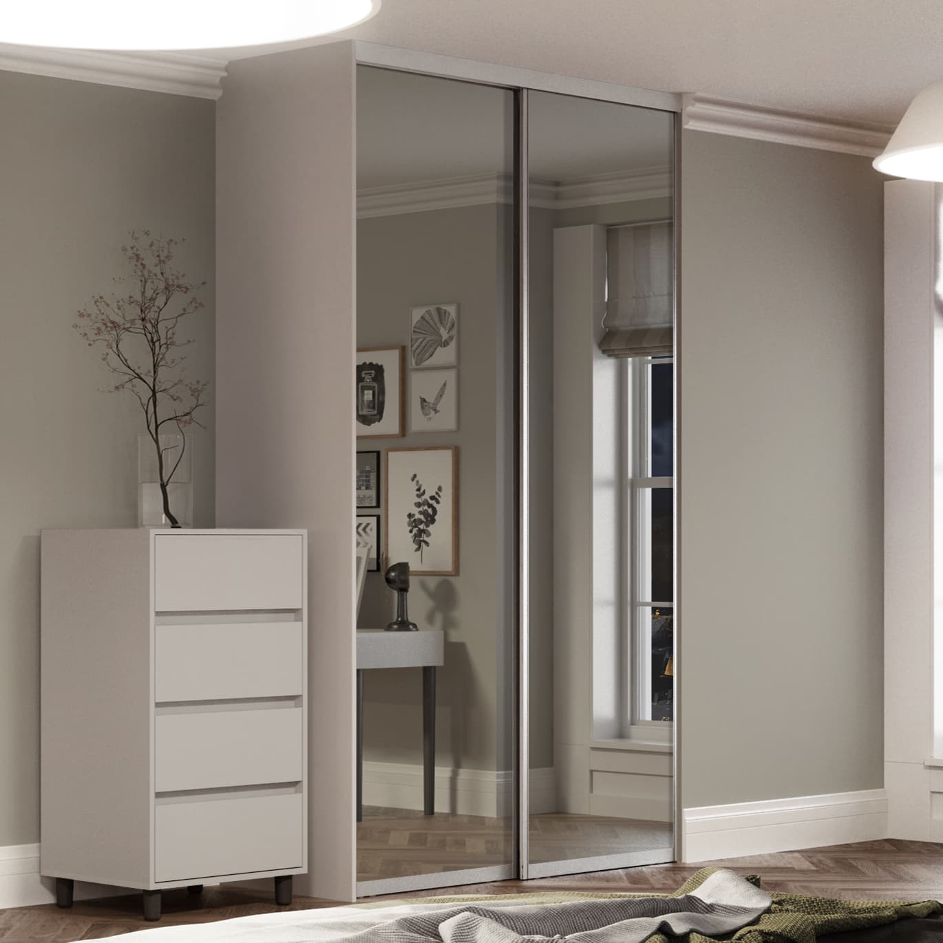 Spacepro Silver Steel and Glass Contour Frame Mirror Sliding Doors, Size: 1185x2260mm
