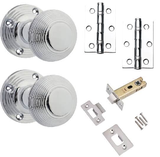 Beehive Mortice Door Knob Pack - Polished Chrome - Door Knob/Tubular Latch/Hinges - Designer Levers