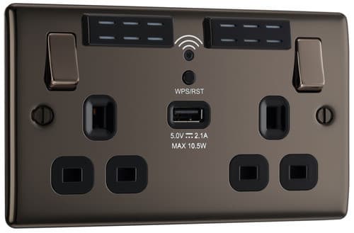 Nexus Metal Black Nickel Double Switched 13A Power Socket With Wifi Extender + Usb Charging - 1X Usb Socket (2.1A) NBN22UWRB-01