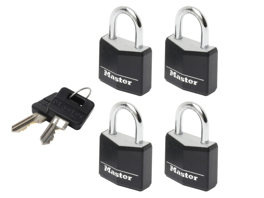 Master Lock Aluminium Black Vinyl Cover 20mm Padlock 3-Pin - Keyed Alike x 4 9120EURQBLKNOP