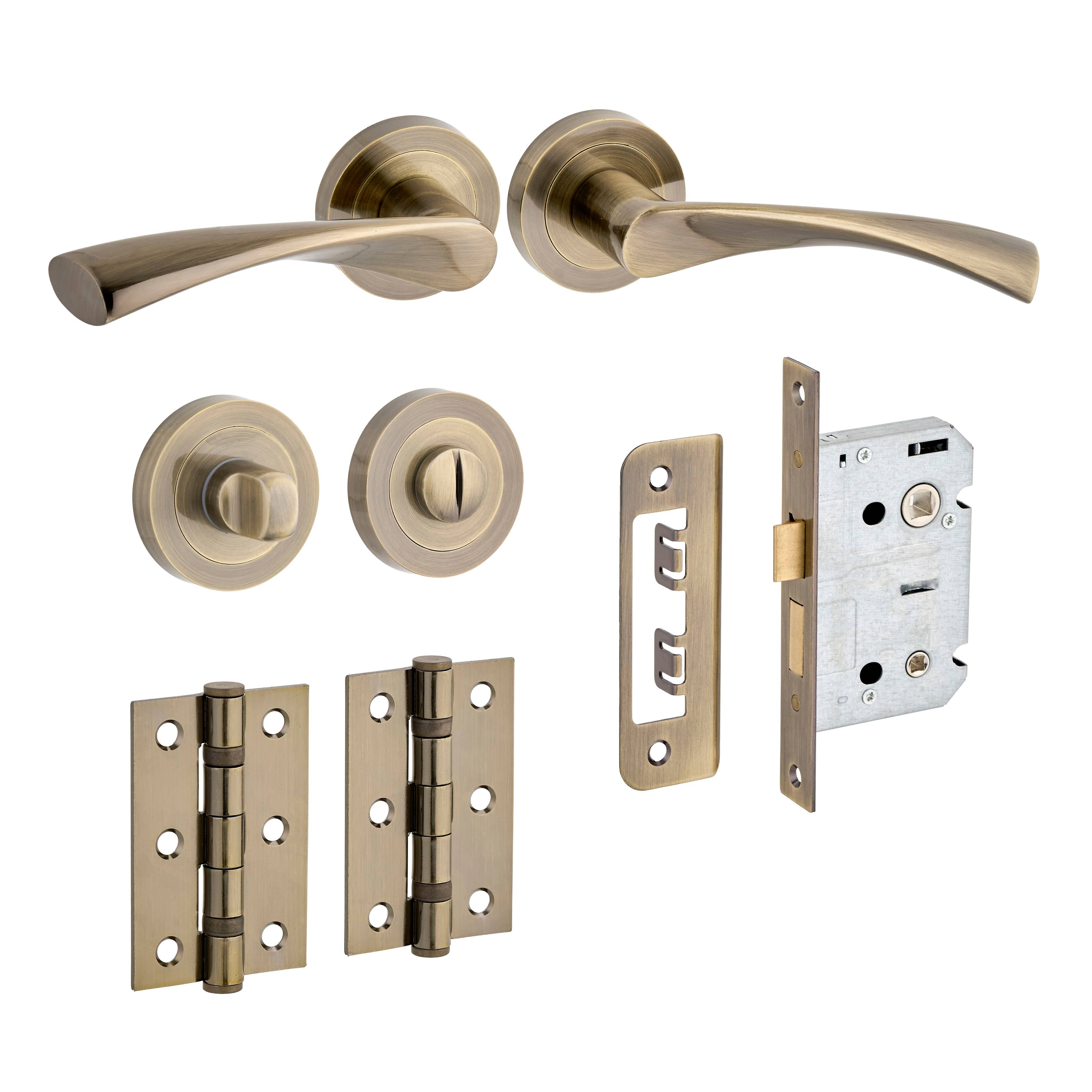 Marvel Lever on Rose Bathroom Lock Door Handle - Antique Brass - Complete Door Pack - Designer Levers
