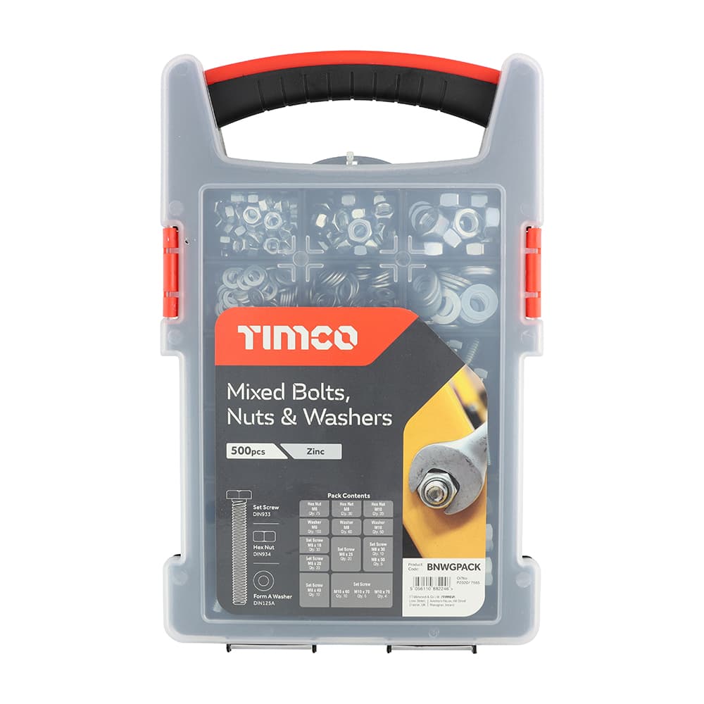 Timco BNWGPACK Mixed Bolts Nuts And Washers Grab Pack - Zinc 500Pcs Pack 500