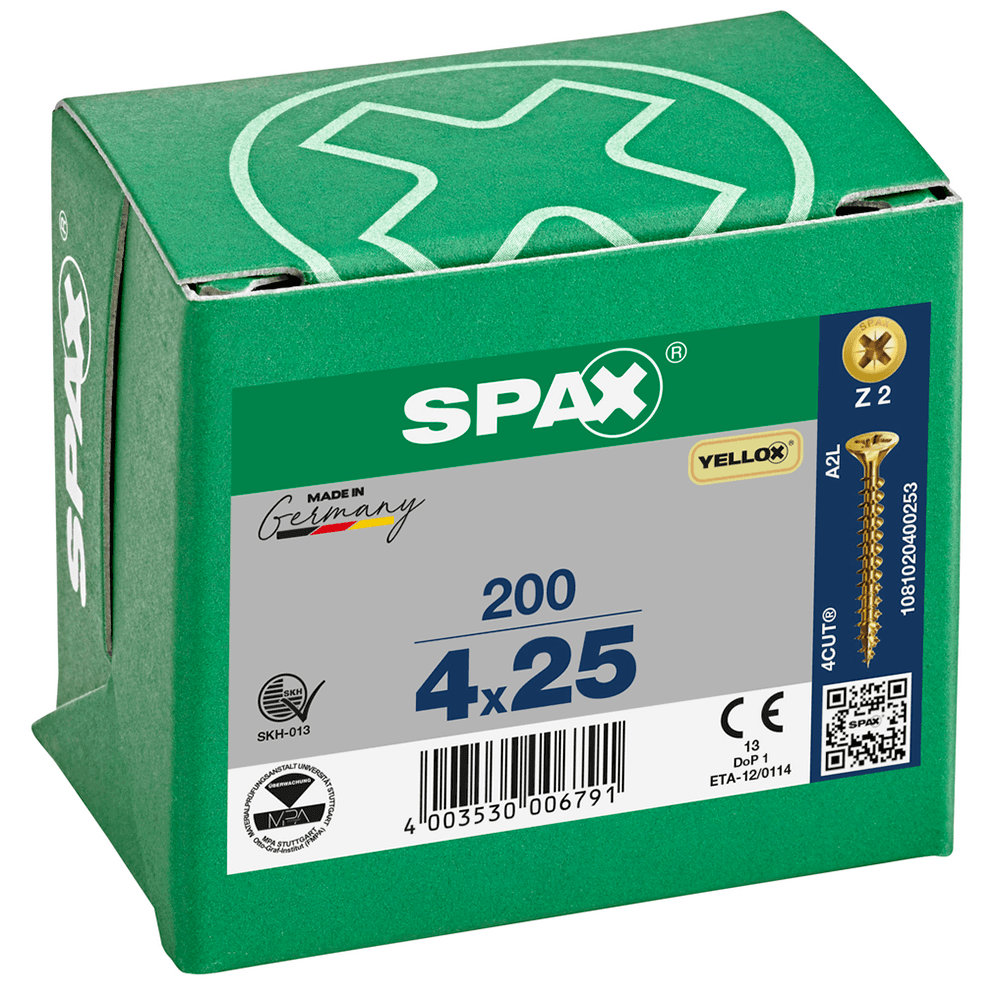 SPAX PZ Flat Countersunk Screw Yellox Coated 4 x 25mm Qty 200