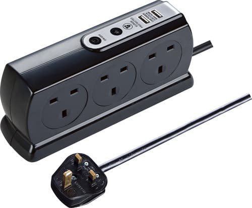 6 Socket 2M H05Vv-F 3G1 25 Switched Compact Surge Extension Lead + Usb (2 Port 3.1A) Gloss Black - Mp (Uk) SRGDSU62PB-MP
