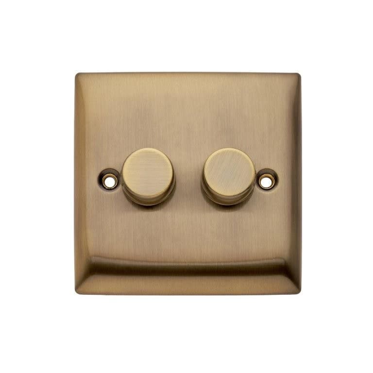 Double Dimmer Switch - 2 Gang 2 Way - 100W - Push On/Off - LED Dimmable - Antique Brass