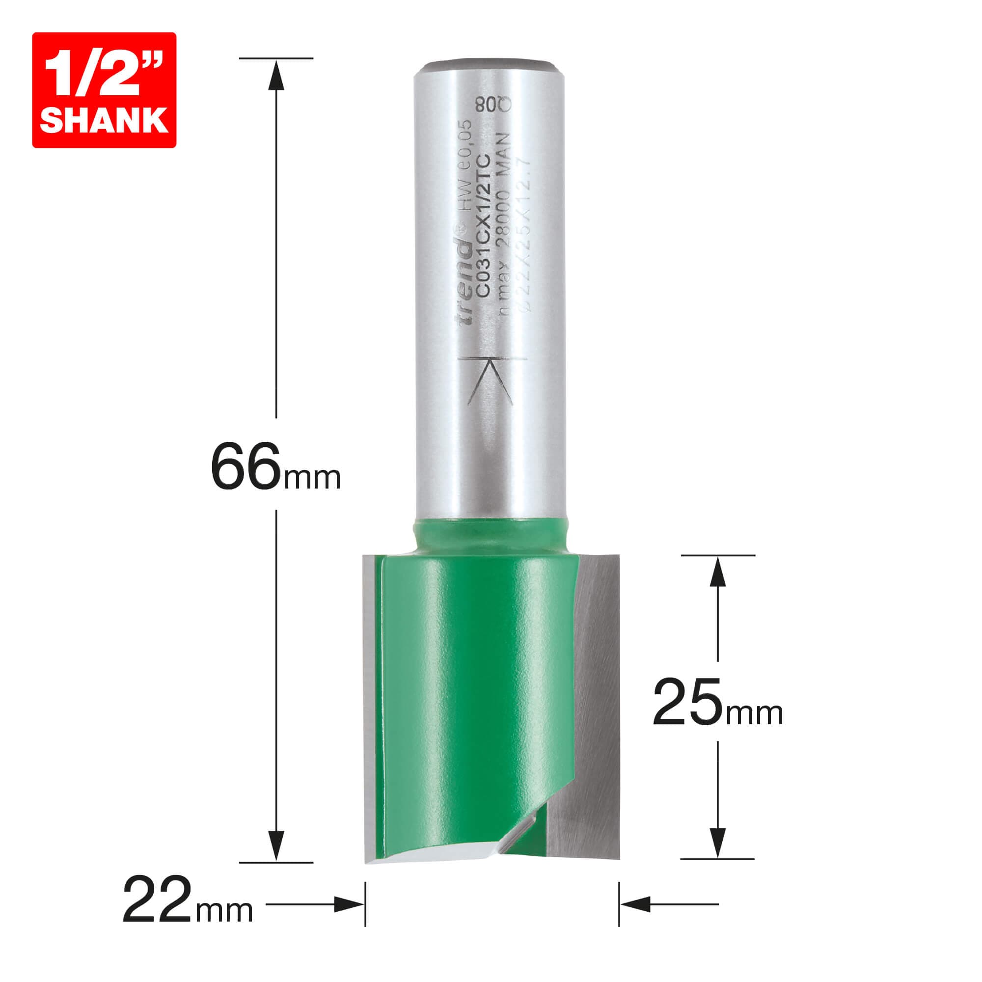 Trend Craftpro 1/2In Shank Two Flute Straight Router Cutter Bit 22Mm Dia X 25Mm Cut Depth Pk 1 C031CX1/2TC