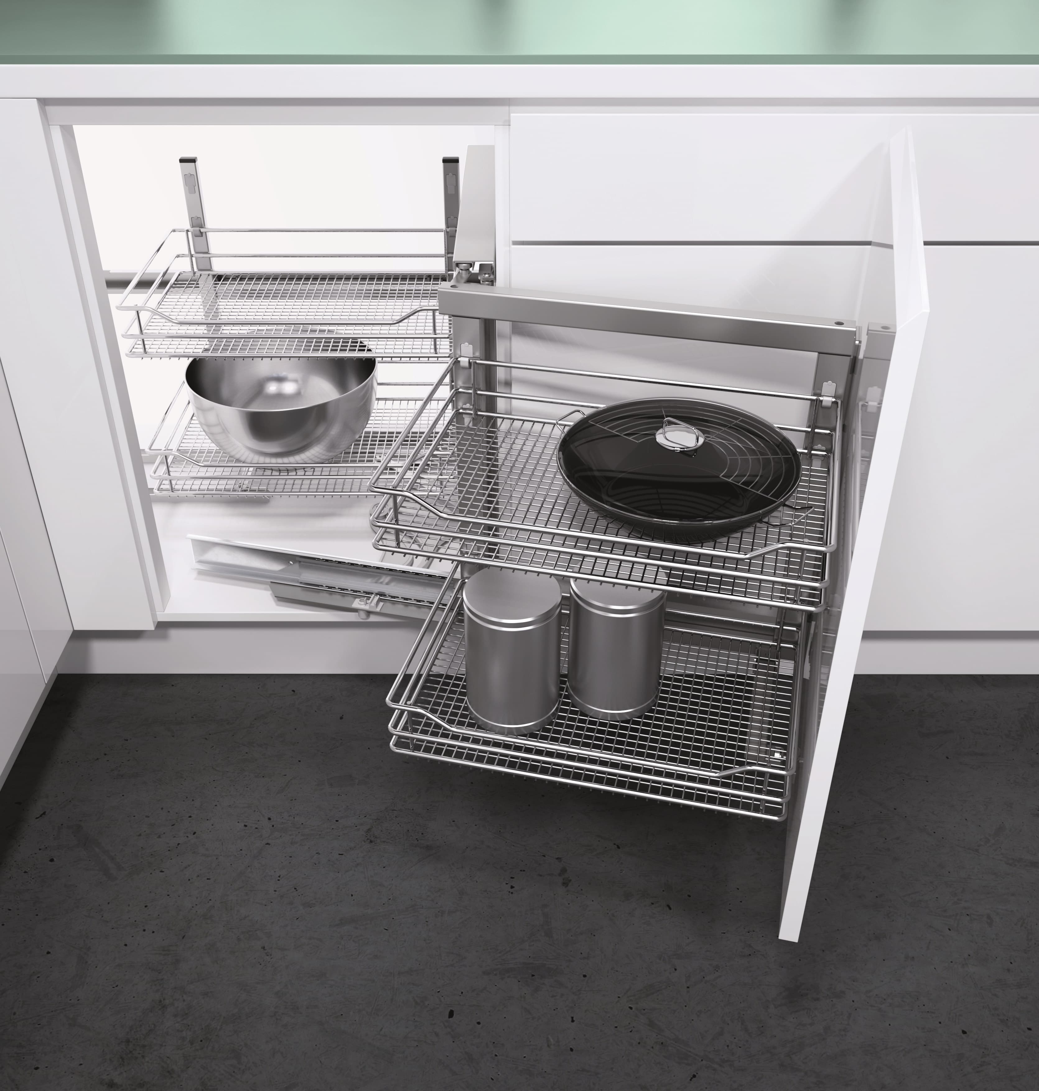 Hafele 800 mm Corner Base with 400mm Fascia Vario Corner Mechanism With Mesh Baskets - Right Hand