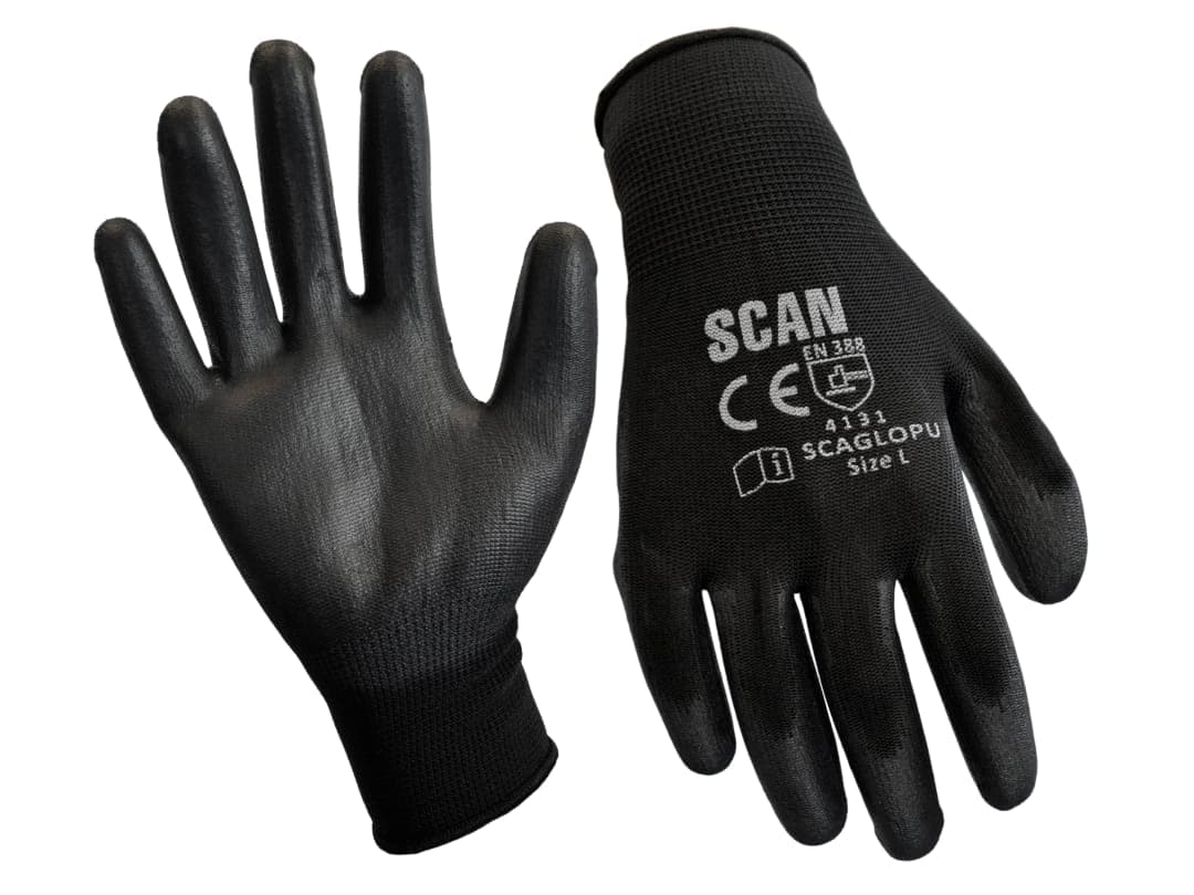 Scan Black PU Coated Gloves - L (Size 9) (12 Pairs) 2AYH22L-24