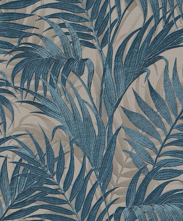 Tropical Palm Leaf Petrol Blue & Beige Wallpaper - 1005 x 53cm