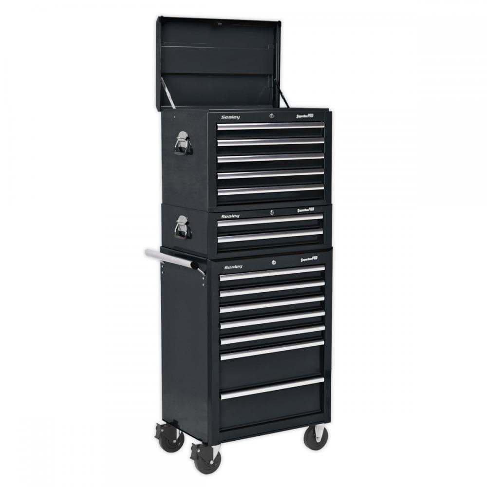 Sealey APSTACKTB Topchest Mid-Box & Rollcab Combination 14 Drawer With Ball-Bearing Slides - Black